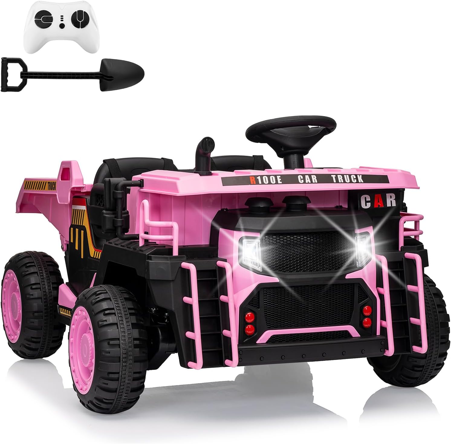 GARVEE 24V Kids Electric Ride On Dump Truck - 2 Seater Remote Control Construction Vehicle with Dump Bed, Shovel, LED Lights & Music | Wheel Shock Absorption for Ages 3+ (Pink) | Perfect for Outdoor Play, Backyard Fun & Construction-Themed Birthday Gifts