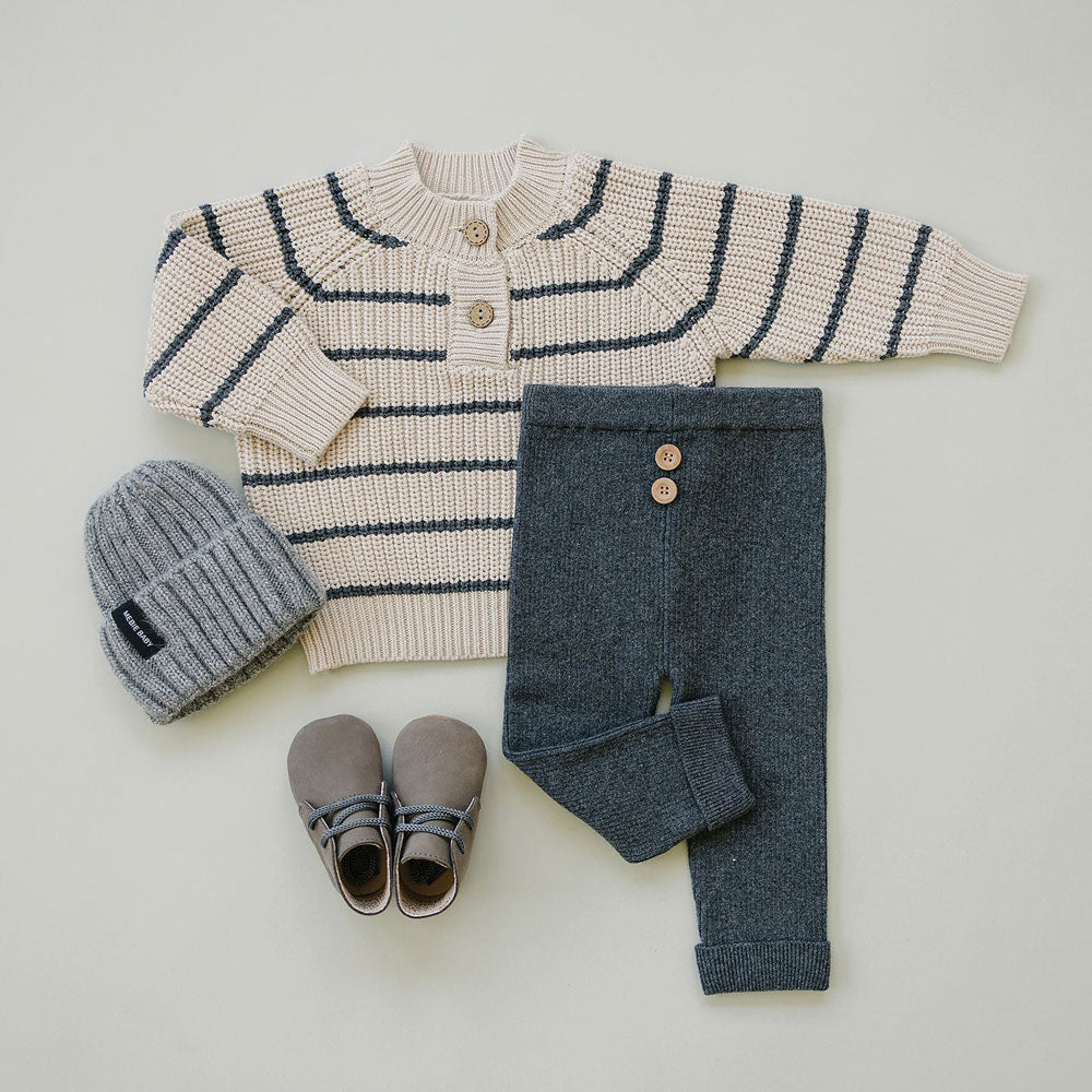Cozy Button Knit Sweater for Women - Charcoal Striped Pullover | Warm Winter Fashion | Perfect for Office, Casual Outings & Holiday Gatherings
