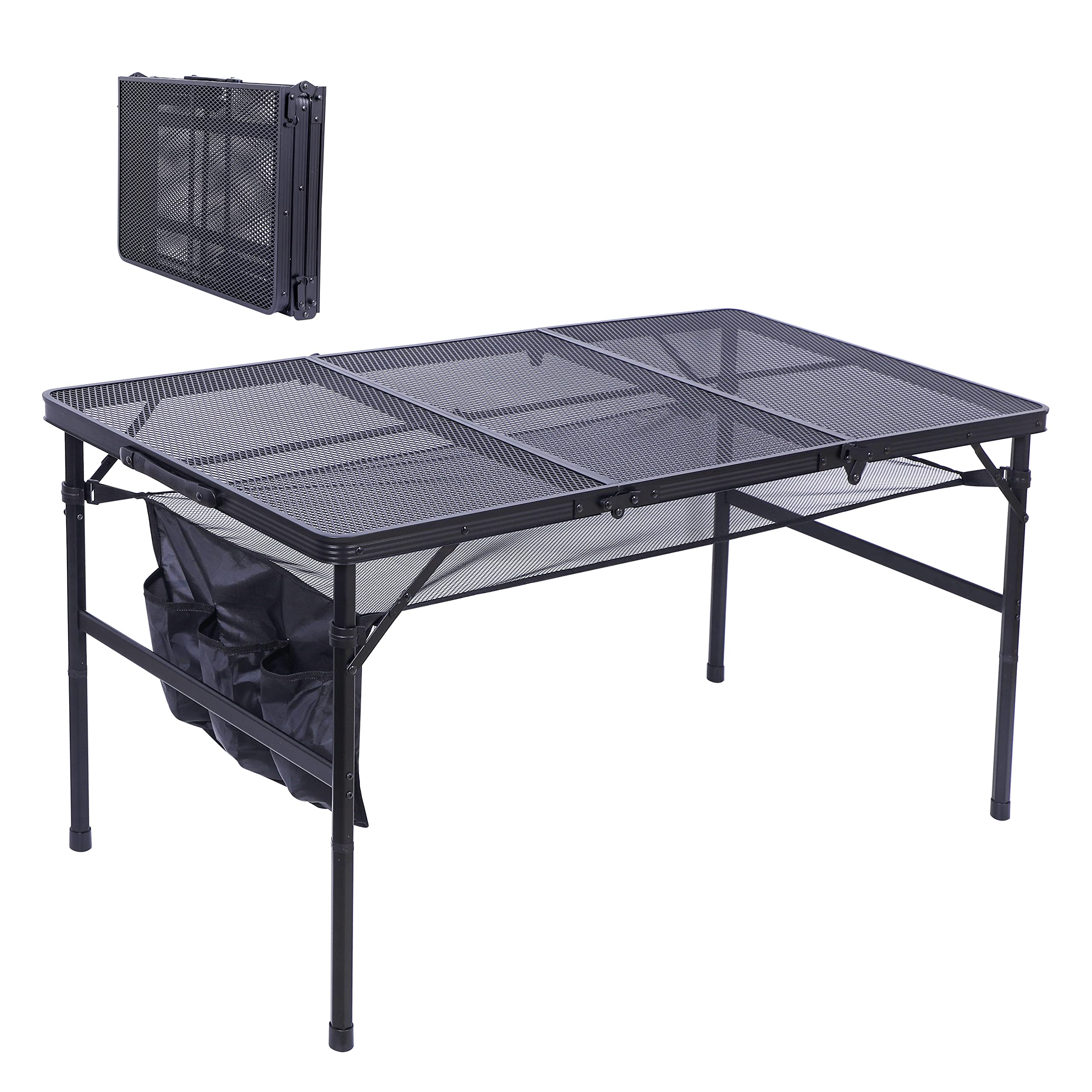 Adjustable Height C-Shaped Grill Table - Portable Outdoor Camping & Picnic Side Table with Mesh Storage Bag & Carry Handle (47.3