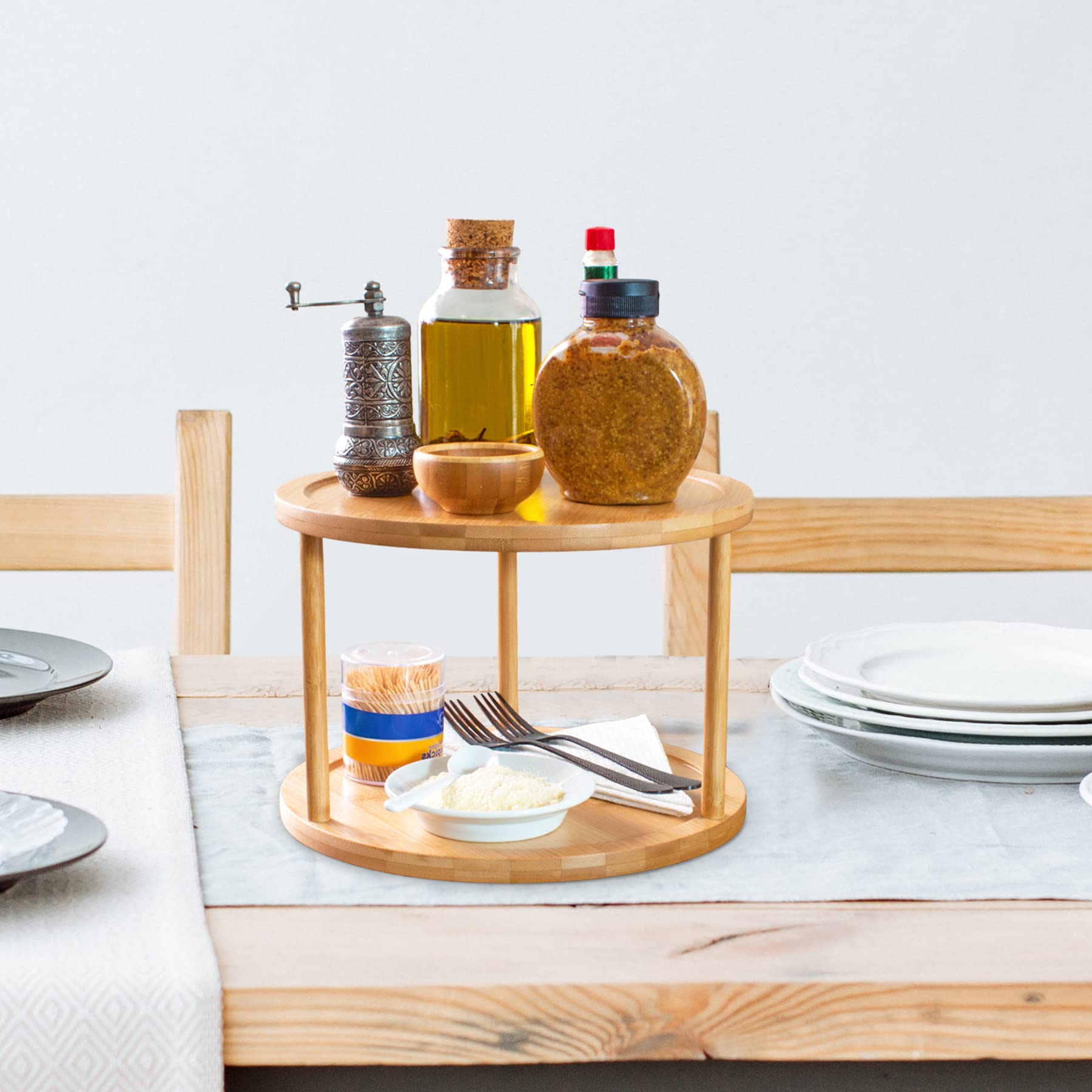 2-Tier Bamboo Lazy Susan Turntable Organizer for Kitchen Cabinet, Pantry, or Tabletop - Spice Rack, Condiment Holder, Makeup & Bathroom Storage - Perfect for Home Organization & Easy Access