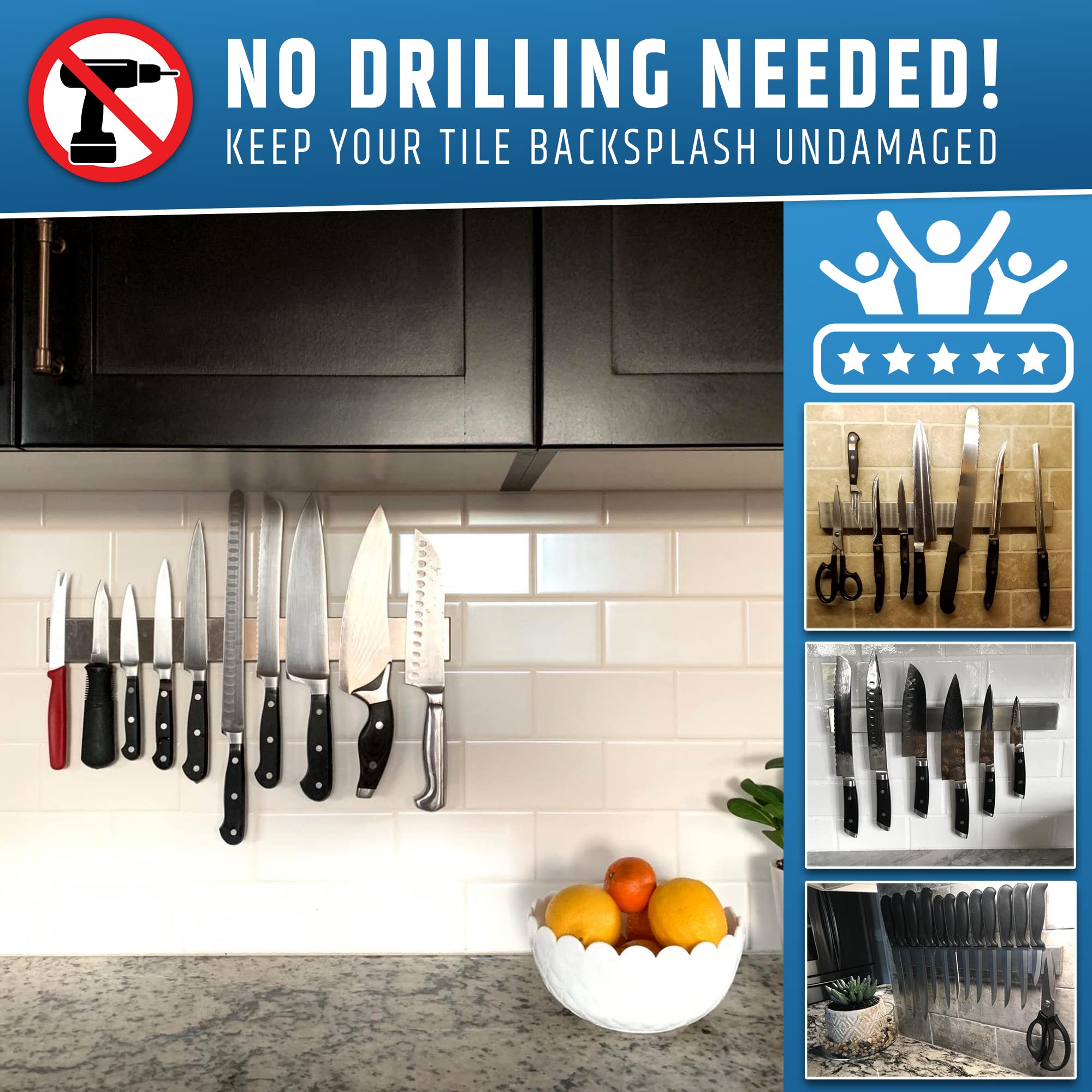 Upgraded No Drill Magnetic Knife Holder - 17 Inch Strong Adhesive Wall Mount Knife Strip with Stainless Steel Bar | No Screws Needed | Secure Hold for Kitchen Knives | Perfect for Home Chefs & Small Spaces