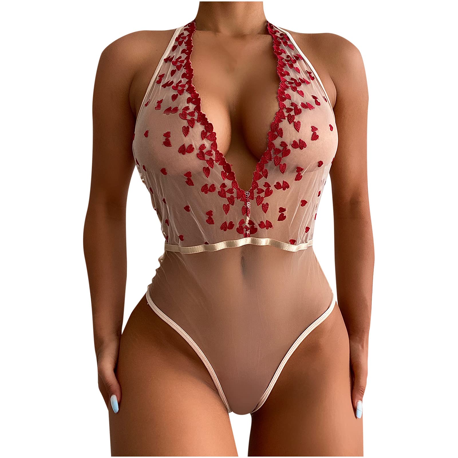 CofeeMO Women's Sexy Lace Lingerie Set - Sleeveless See-Through Halter Pajamas with Embroidery for Date Night & Romantic Play | Comfortable Sleepwear for Women
