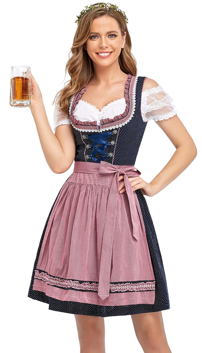 Authentic German Oktoberfest Costume for Women - 3-Piece Dirndl Dress Set with Bavarian Blue Dress, White Blouse & Pink Apron | Perfect for Oktoberfest Parties, Halloween & Cultural Events