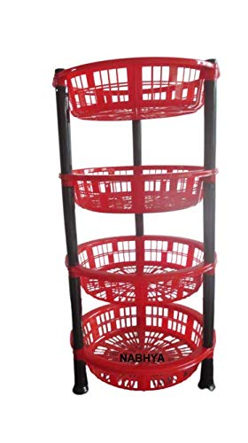 NABHYA 4-Tier Multipurpose Basket Stand Rack for Fruits & Vegetables - Space-Saving Kitchen Organizer (Red) - Perfect for Pantry, Supermarket, or Farmers Market Display