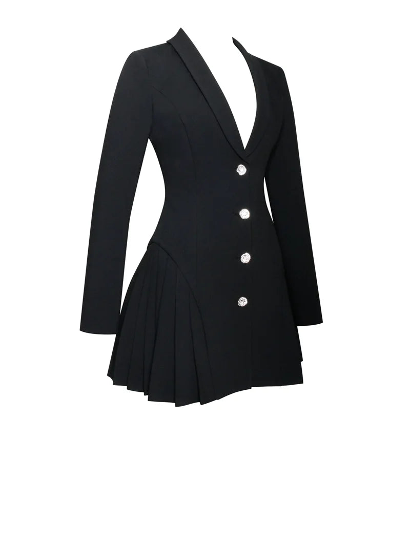 Women's Autumn Black Blazer Mini Dress - V Neck, Single-Breasted, Long Sleeve, High Waist Pleated Sexy Dress for Office, Party & Date Night