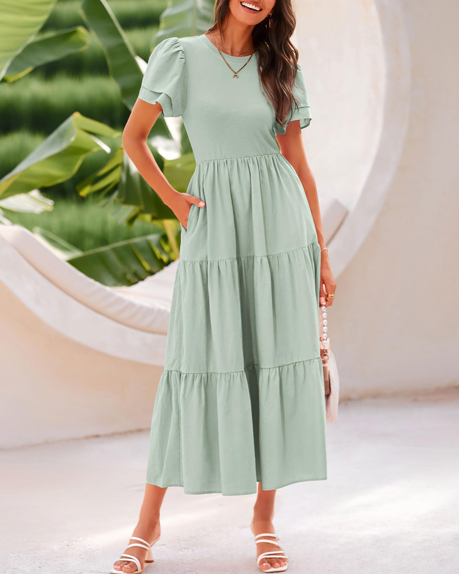 BTFBM Women's Casual Summer Dresses 2025 - Spring Crewneck Short Sleeve Tiered Flowy Boho Maxi Dress with Pockets for Beach Vacation, Outdoor Parties & Summer Travel