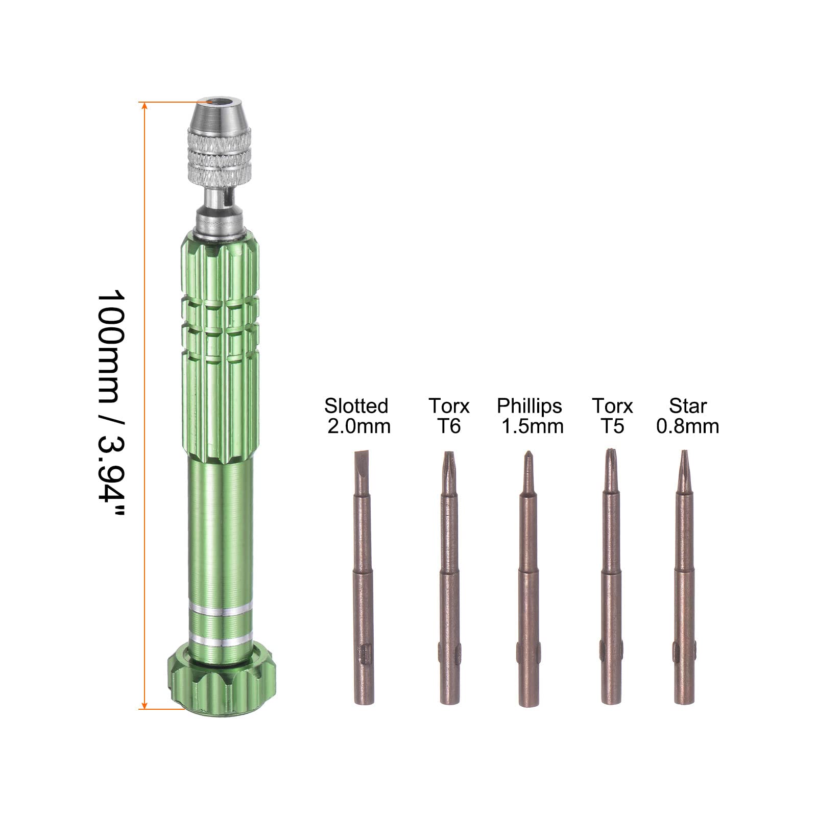 uxcell 5-in-1 Multifunctional Precision Screwdriver Set for Watch, Eyeglasses & Electronics Repair (-2.0, +1.5, Star 0.8, Torx T5/T6) - Green | Perfect for Jewelry, Smartphone & Small Device Maintenance