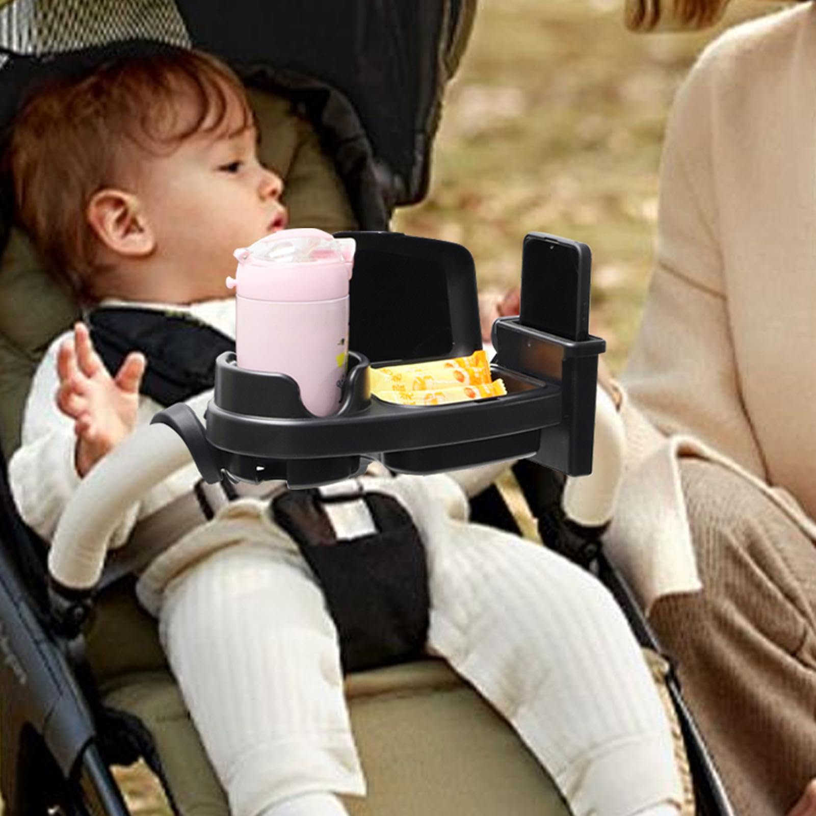 Universal Stroller Snack Tray with Cup Holder - Flexible Stroller Organizer for Snacks & Drinks | Perfect for On-the-Go Parents, Outdoor Walks & Traveling with Baby