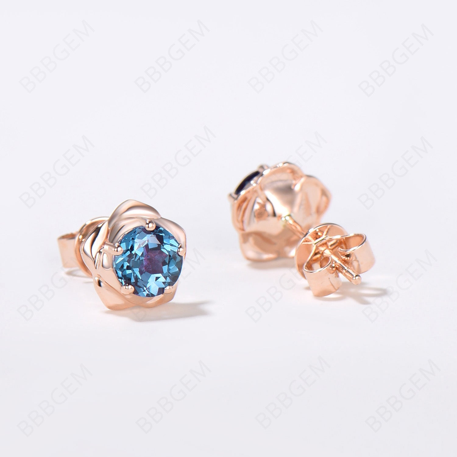 Rose Gold Flower Stud Earrings - Round Cut Alexandrite Gemstone Earrings for Women, Gift for Her, Birthday, Anniversary, Wedding, Party & Everyday Wear