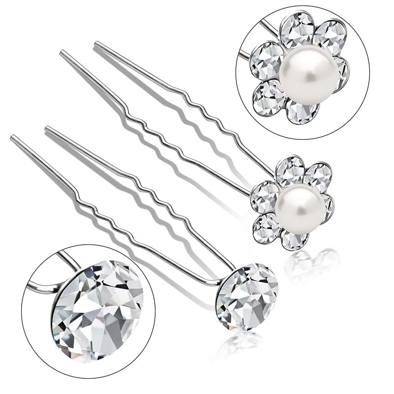 FAMEZA 12 Pcs Silver Rhinestone Pearl Wedding Hair Pins for Brides, Bridesmaids & Women – Elegant Hair Clips for Bridal Updos, Prom & Special Occasions