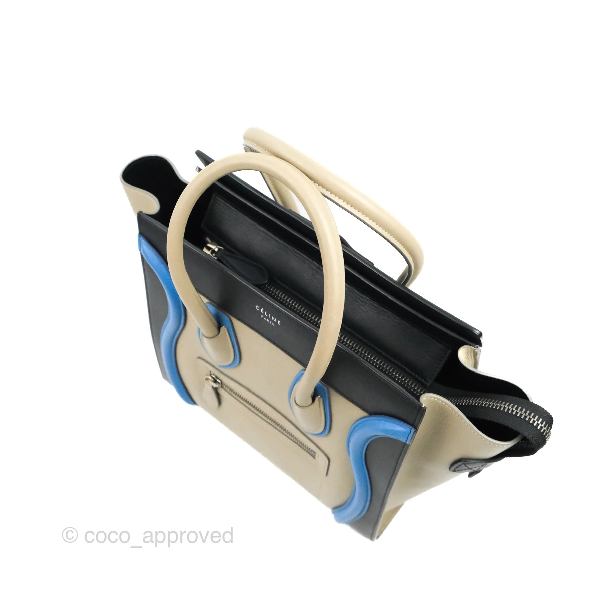 Celine Micro Luggage Bag in Taupe, Blue & Black Calfskin Leather - Perfect for Work, Travel & Everyday Luxury Handbag