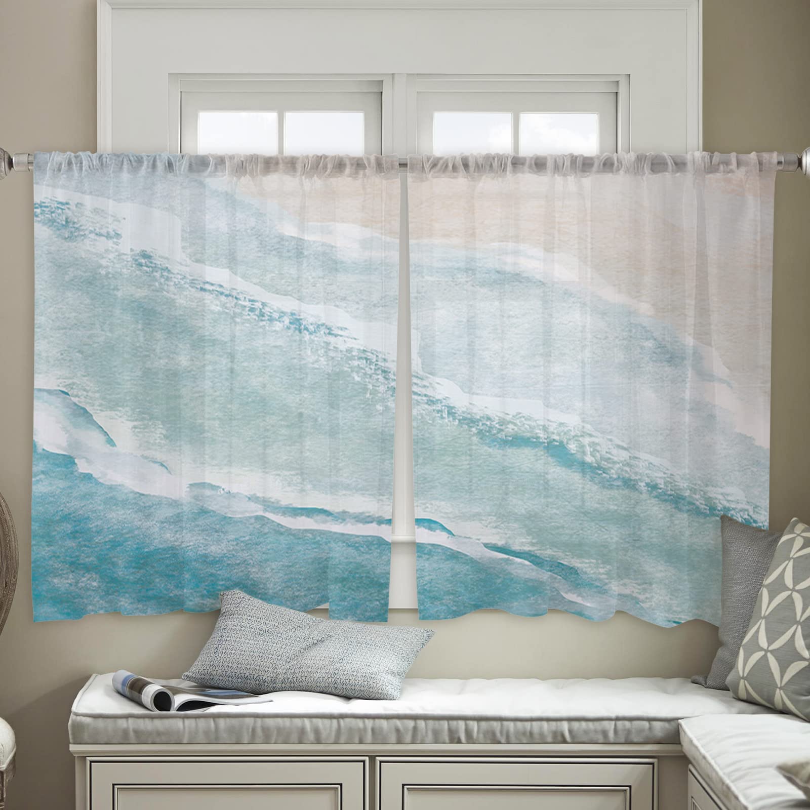 Tropical Sea Beach Semi-Sheer Window Curtains 45 Inch - Ocean Seaside Scenic Voile Drapes with Rod Pocket, Set of 2 Panels for Kitchen, Bedroom & Living Room - Ocean Wave Design | Perfect for Coastal Decor, Beach House Style & Vacation Home Ambiance