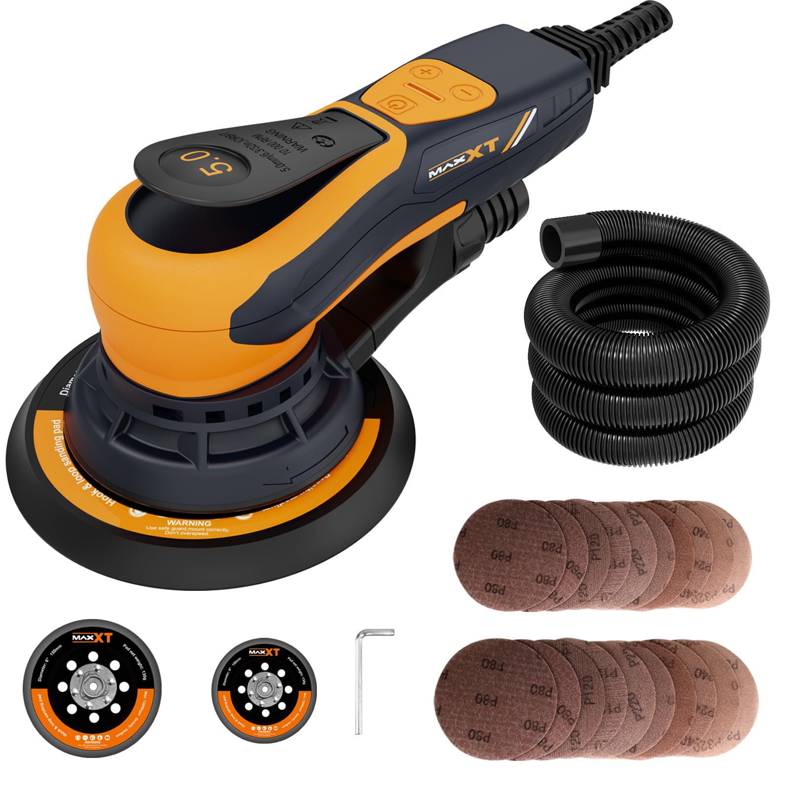 MAXXT Electric 5mm Random Orbital Sander with Brushless Motor - 5 & 6 Inch Sanding Pads, Central Vacuum System - Ideal for Woodworking, Primary Wood & Panel Processing (Orange) - Perfect for DIY Projects, Furniture Refinishing & Surface Preparation