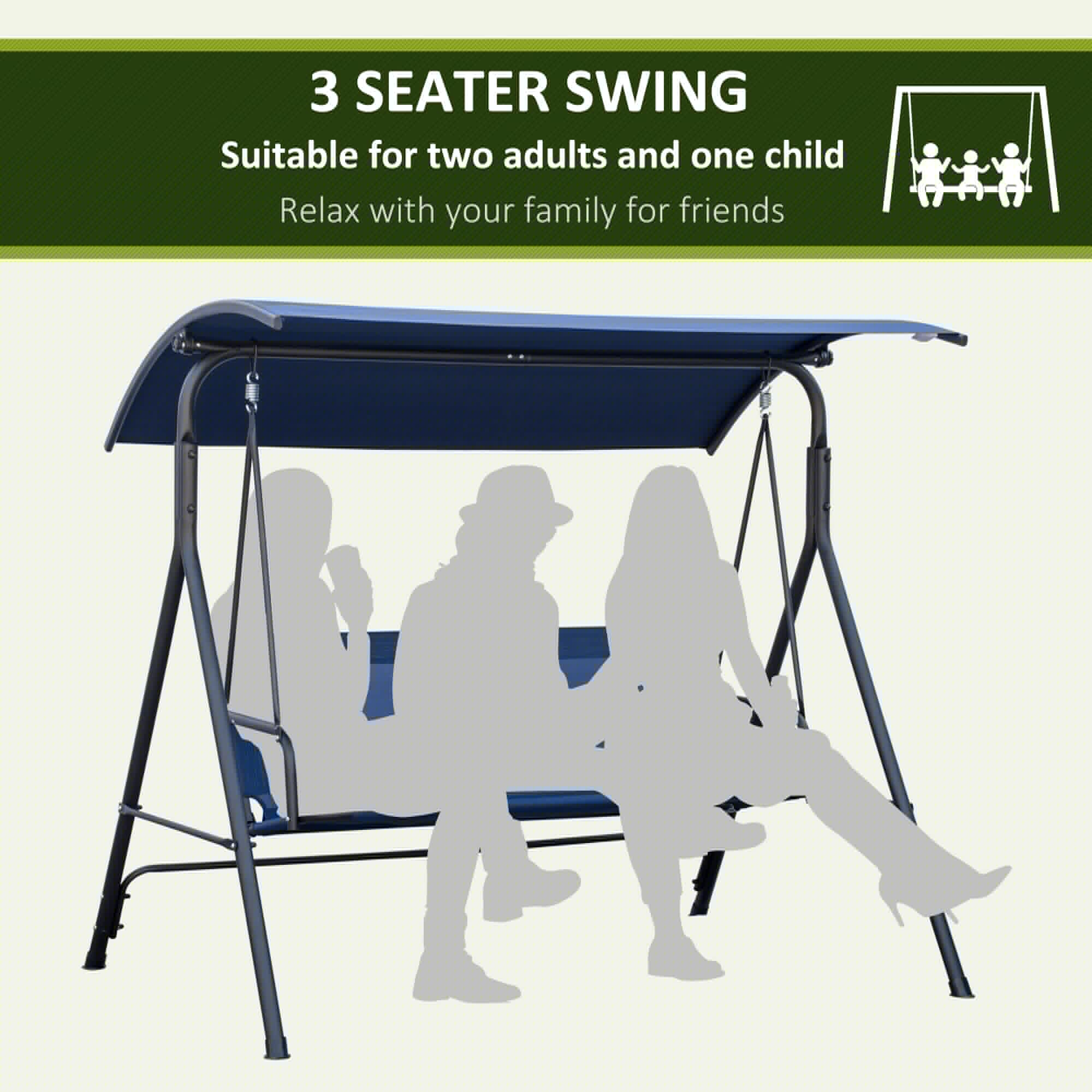 Outsunny 3-Person Outdoor Porch Swing with Stand - Steel Frame Patio Swing Bench with Adjustable Canopy & Comfortable Seat, Dark Blue - Perfect for Backyard, Garden, Deck Relaxation