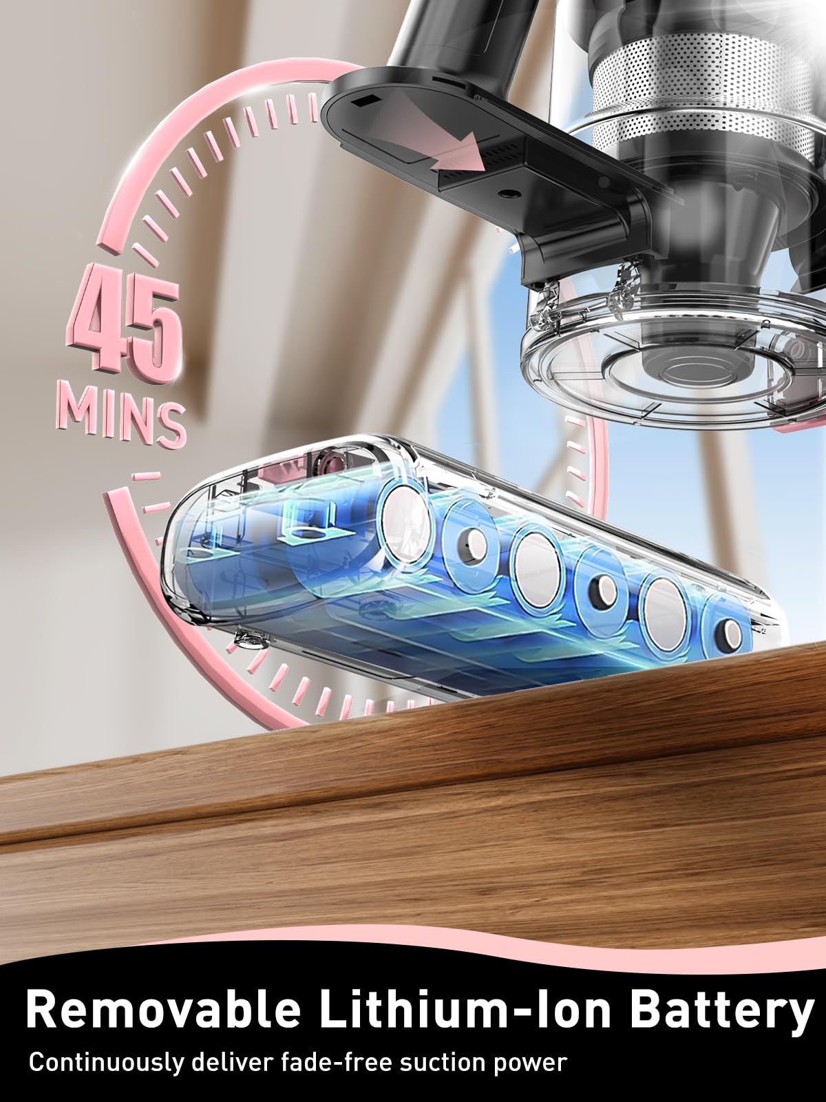 8-in-1 Cordless Vacuum Cleaner with Powerful Suction - Lightweight Stick Vacuum for Hard Floors & Carpets | LED Display, 3 Suction Modes, 45Min Detachable Battery | Perfect for Pet Hair, Home Cleaning & Quick Pickups (Pink)