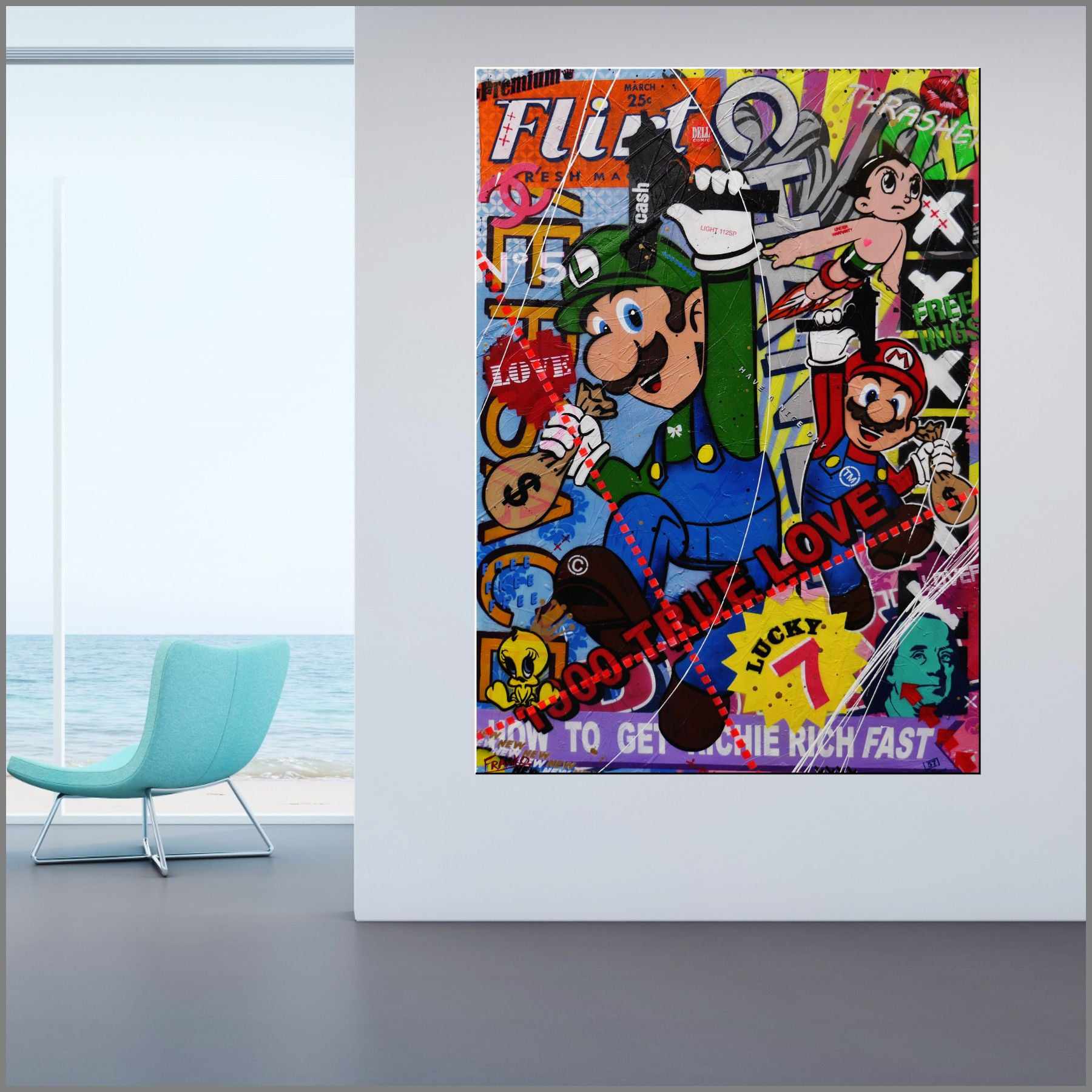 140cm x 100cm Mario and Luigi Textured Urban Pop Art Canvas Painting - Super Bros Wall Decor for Game Room, Living Room & Office