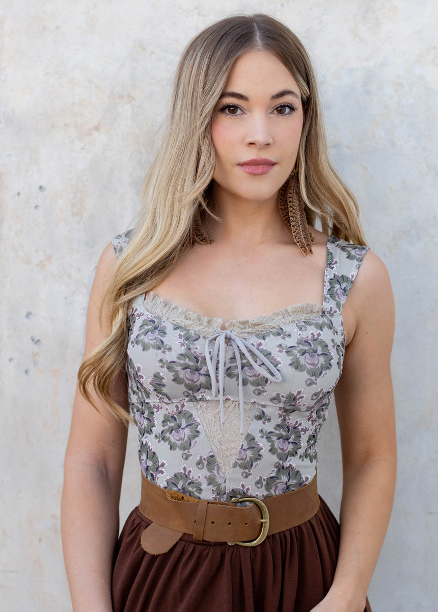 Pansey Bodysuit in Taupe Floral - Women's Floral Print Bodysuit for Casual Wear & Layering | Perfect for Everyday Outfits, Date Nights & Summer Fashion