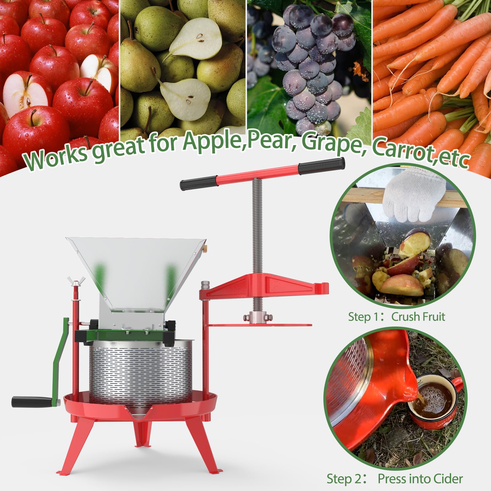 Stainless Steel 7L Manual Fruit and Apple Crusher - 1.8 Gallon Portable Juicer Grinder for Wine, Cider & Juice Making | Perfect for Home Brewing, Farm Harvest & DIY Fruit Processing (Green)