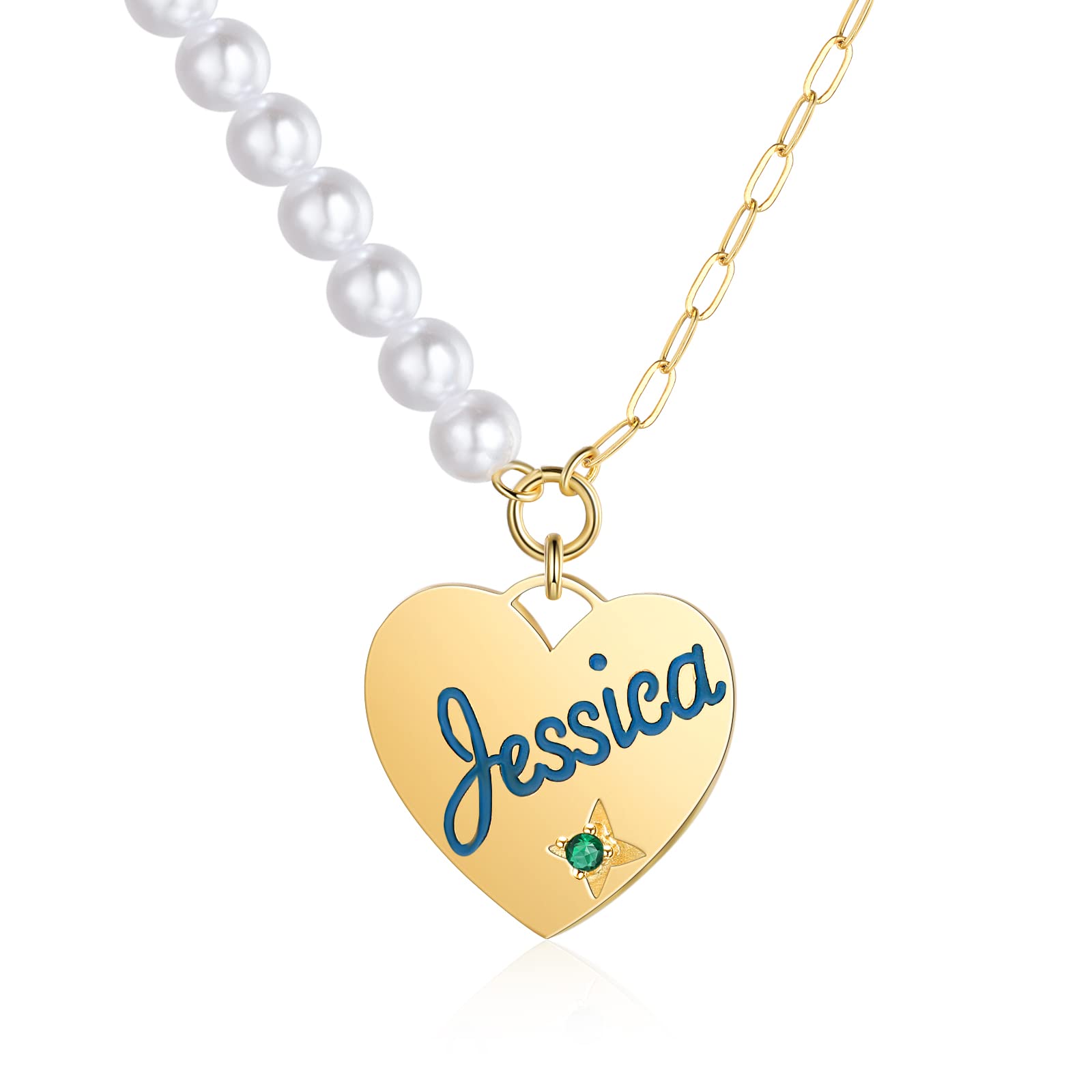 Personalized Birthstone Pearl Necklace for Women - Custom Name Heart Charm Paperclip Chain Necklace | Half Pearl Half Chain Design | Perfect Gift for Anniversary, Birthday & Mother's Day