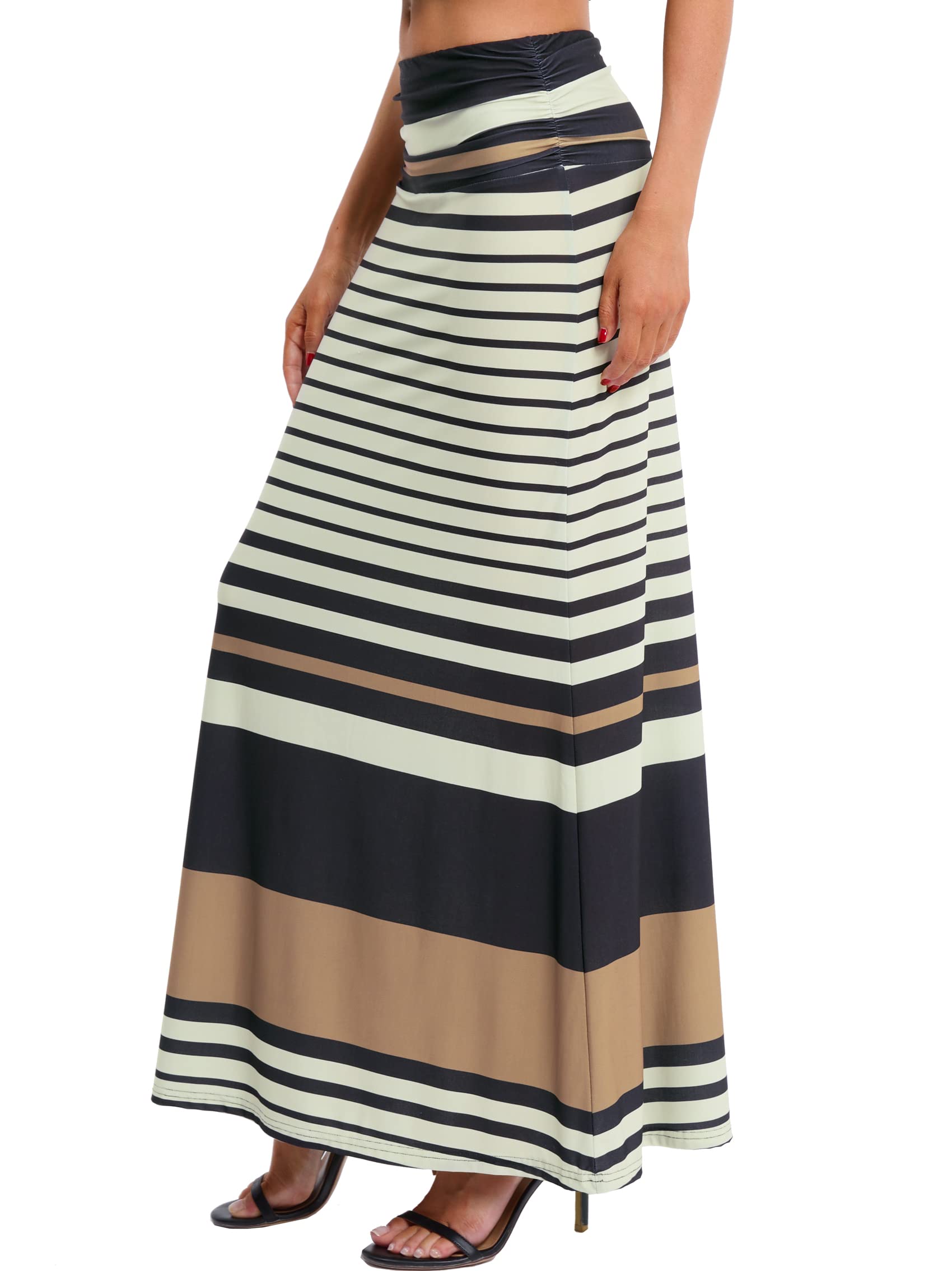 BAISHENGGT Women's Elegant Ruched High Waist Flare Maxi Skirt - Long Flowy Floor Length Skirt for Casual, Beach & Evening Wear