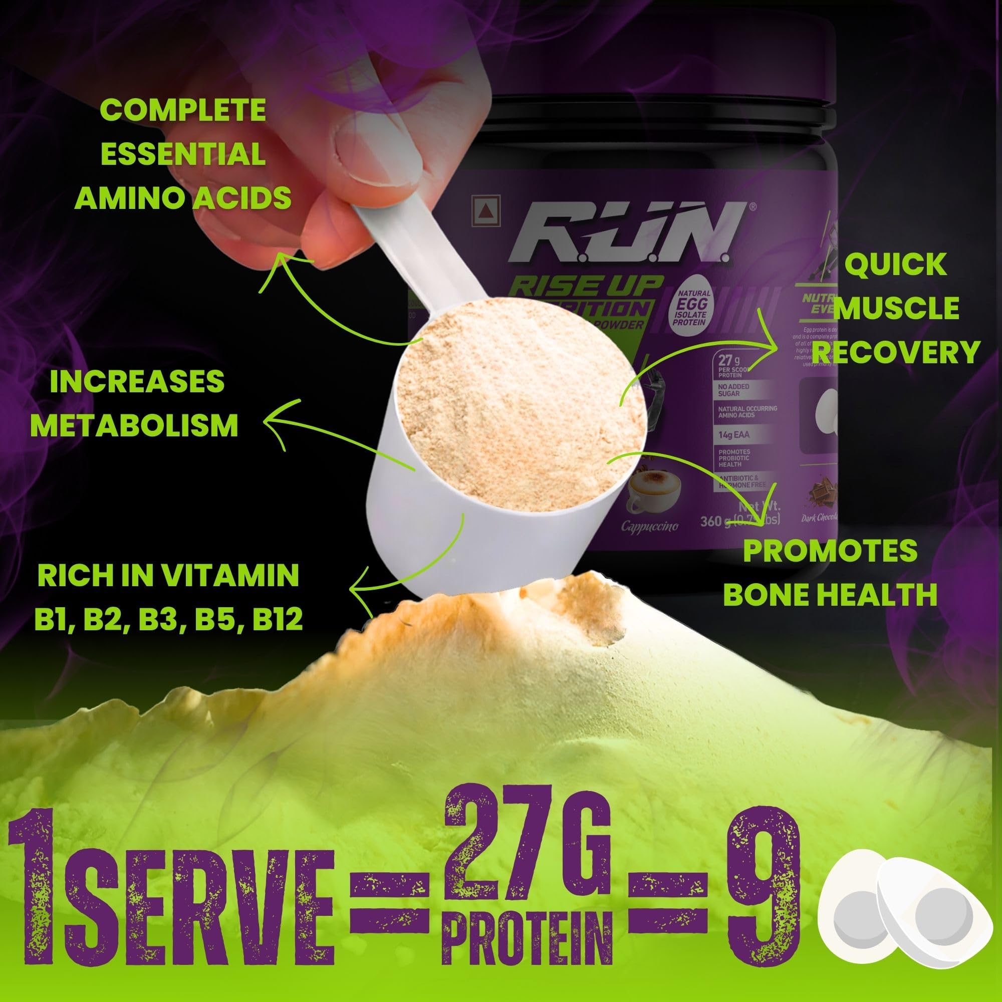 R.U.N-RISE UP NUTRITION Egg White Protein Powder for Athletes & Fitness | 27g Protein, 14g EAA | Lactose, Soy & Gluten Free | Supports Immunity & Muscle Recovery | Cappuccino Flavor - 1kg | Perfect for Post-Workout & Healthy Lifestyle