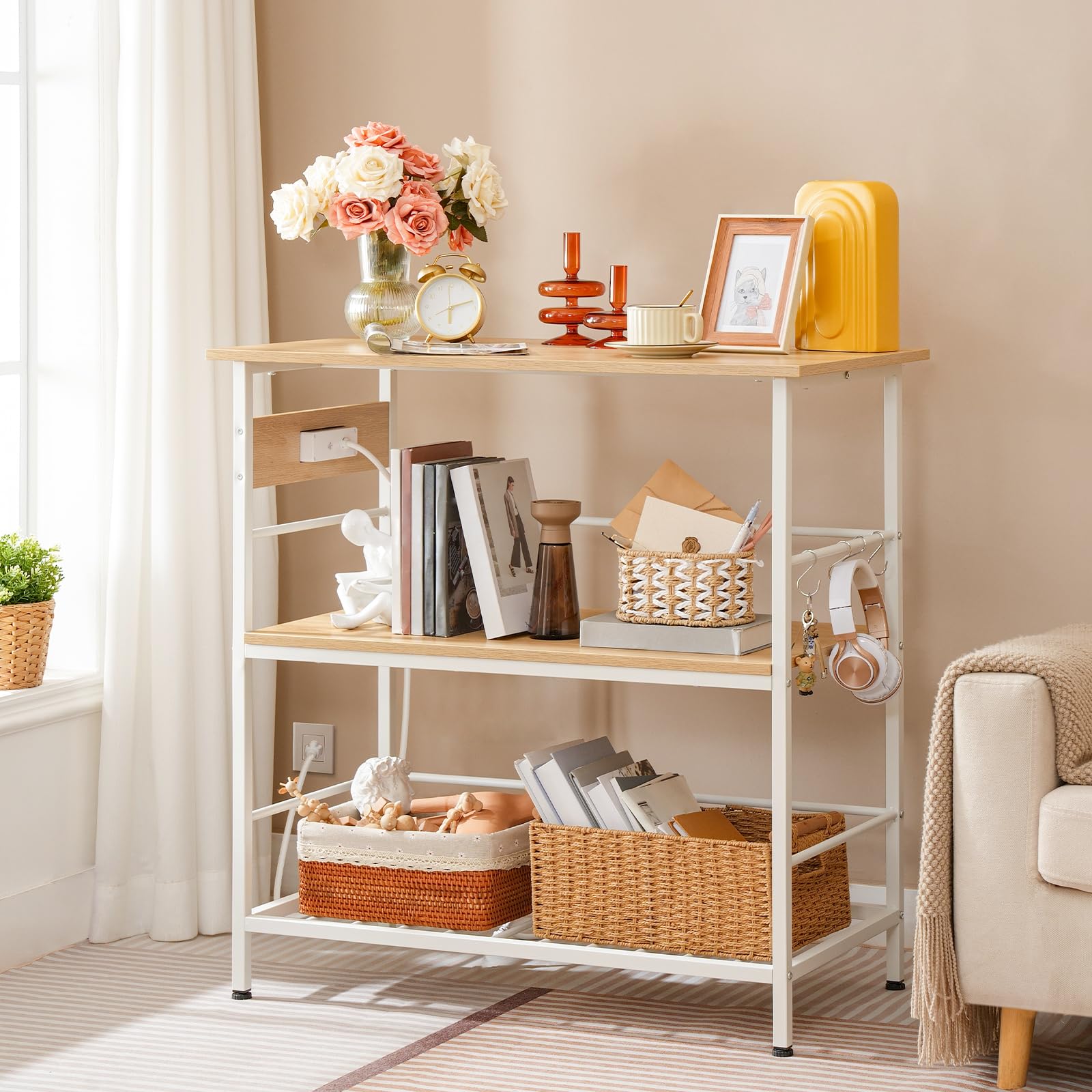 HOOBRO Kitchen Island with Storage & Power Outlet, 3-Tier Coffee Station & Microwave Stand - Natural White WN021ZD01 | Perfect for Small Kitchens, Breakfast Nooks & Dining Room Organization