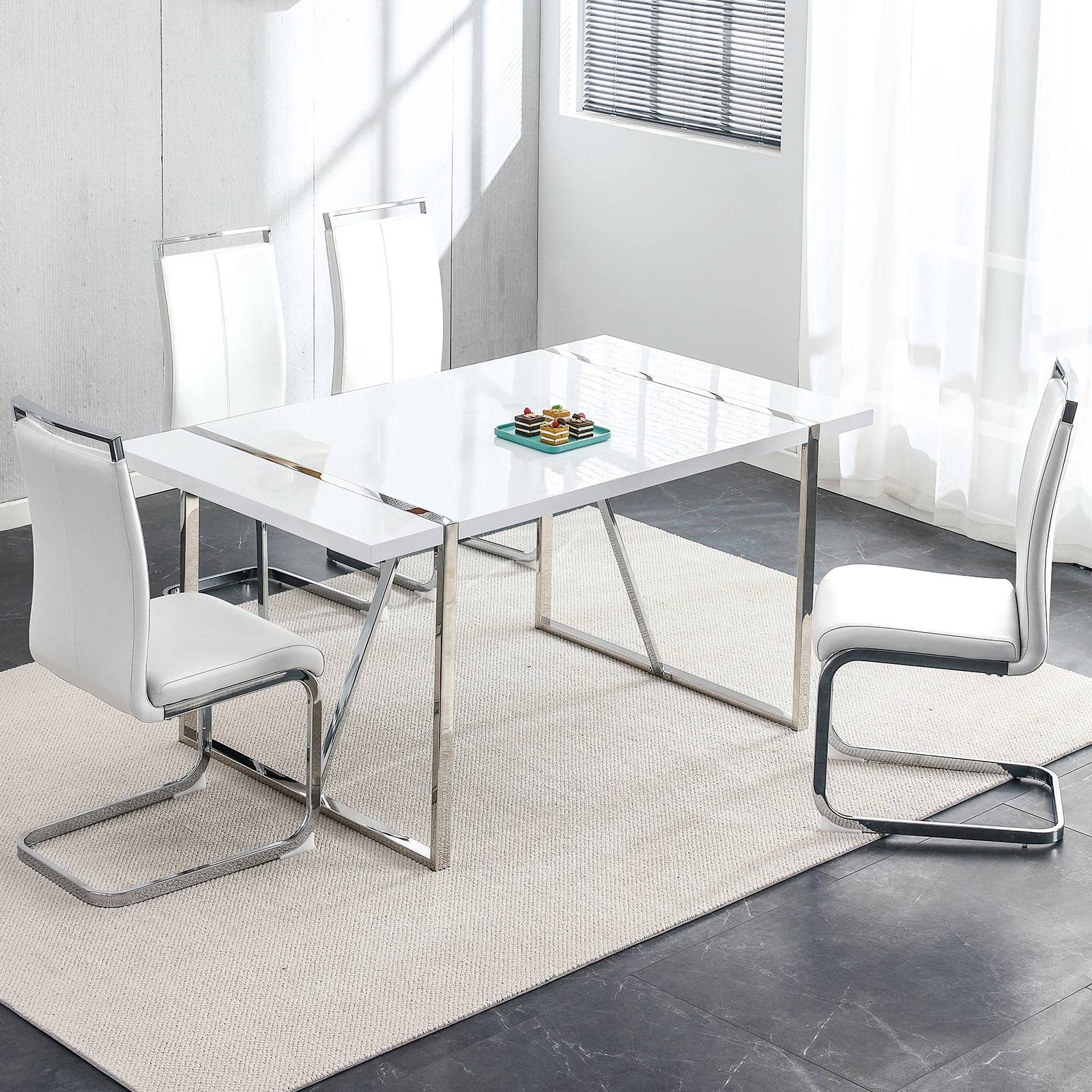 Modern 5-Piece White Rectangular MDF Dining Table Set with Leather Chairs & Metal Frame - Kitchen & Dining Room Furniture for 4 People | Perfect for Small Spaces, Family Meals & Entertaining Guests