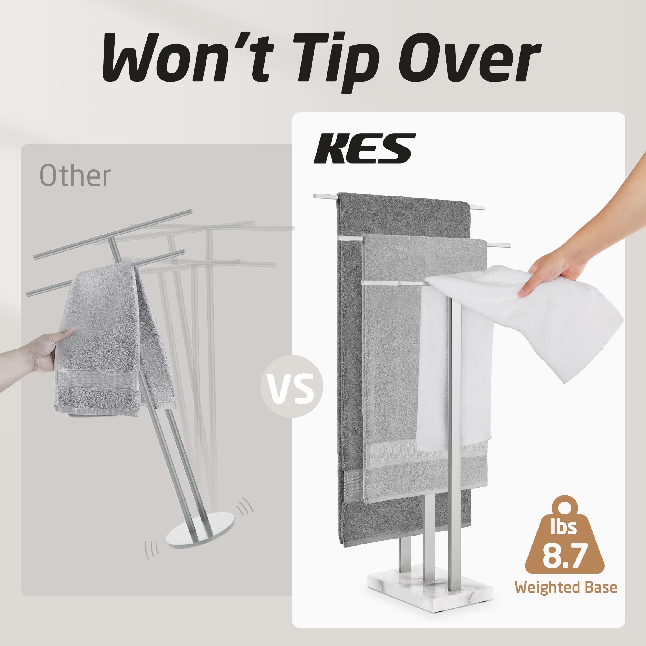 Premium 3-Tier Standing Towel Rack with Marble Base - Sturdy Free-Standing Bathroom Organizer for Large Bath & Hand Towels - 18/8 Stainless Steel Polished Finish (BTH217S3) - Perfect for Spa-Style Bathrooms, Guest Suites & Luxury Home Decor