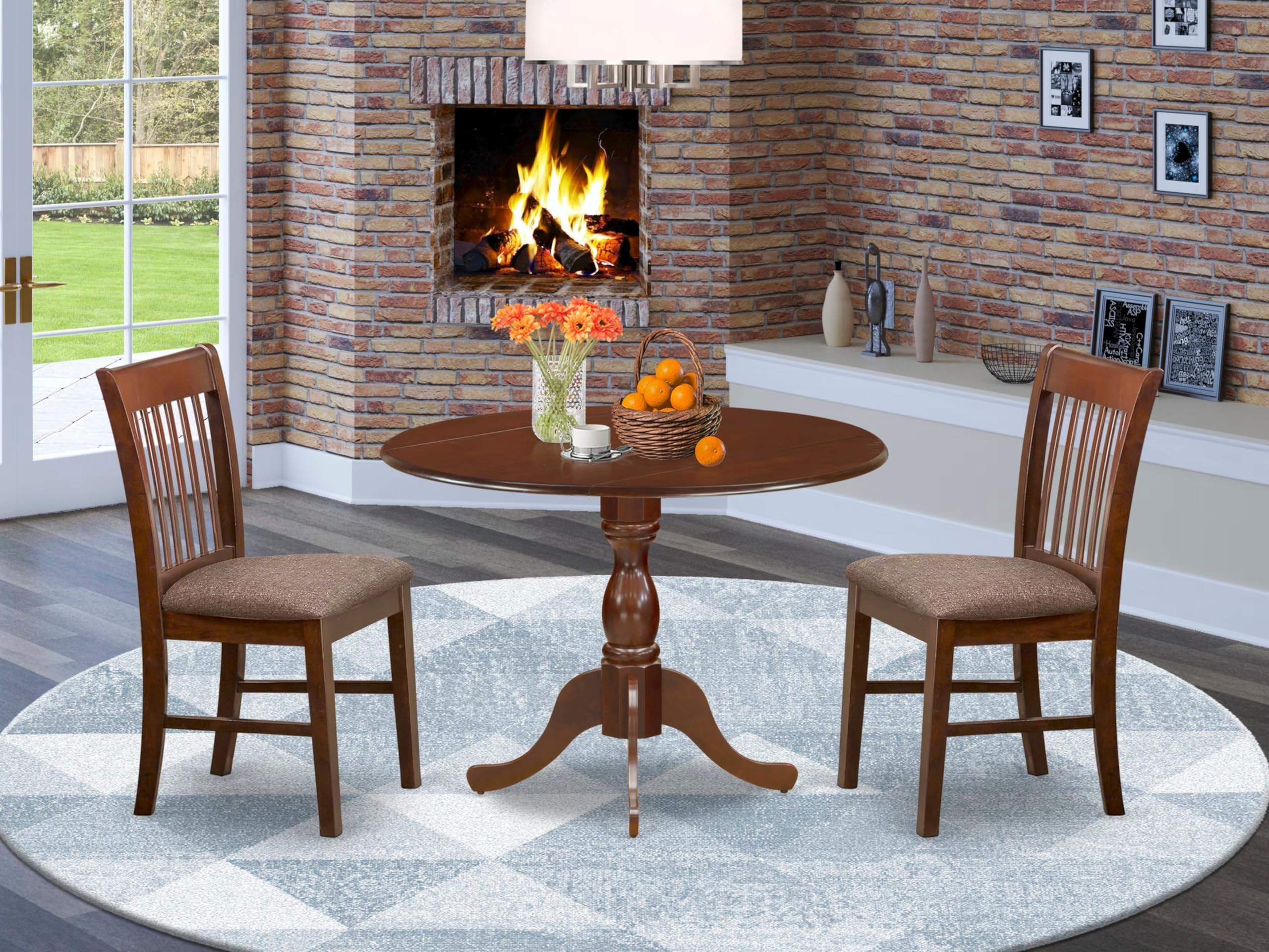 East West Furniture DMNF3-MAH-C 3-Piece Round Kitchen Table Set with Drop Leaf & 2 Linen Fabric Chairs, 42x42 Inch, Mahogany - Perfect for Small Dining Rooms, Breakfast Nooks & Cozy Apartments