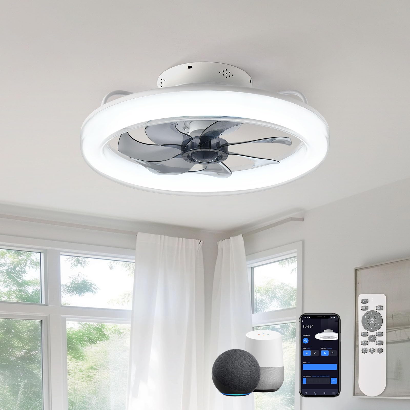 Orison 20'' Smart Ceiling Fan with LED Light, Remote & App Control - Flush Mount Low Profile Design, Works with Alexa & Google Home Voice Control - Perfect for Bedroom, Living Room & Office (White)
