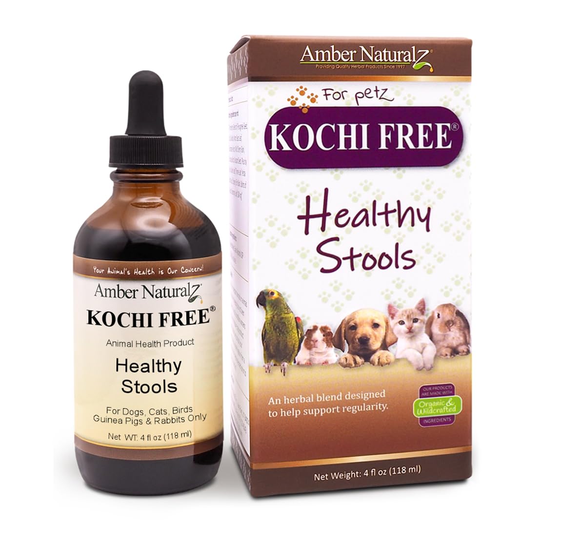 AMBER NATURALZ Kochi Free Herbal Pet Supplement for Dogs, Cats, Birds, Guinea Pigs & Rabbits | Natural Digestive Support for Healthy Stool | 4oz Glass Bottle | Made in USA | Supports Digestive Health for Small Pets at Home or Travel