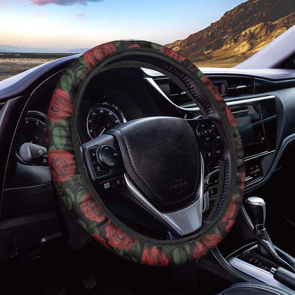 Stylish Rose Car Steering Cover - Universal Stretchy Fabric Protector for Driving Comfort