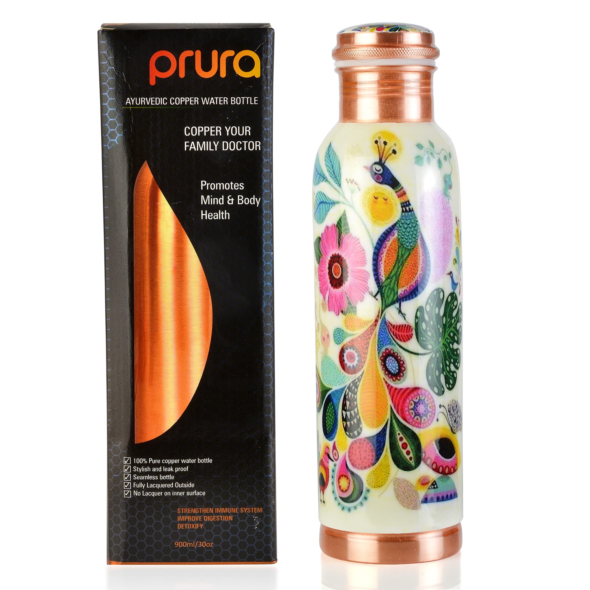 PRURA Pure Printed Copper Water Bottle - 30oz Leak Proof Ayurvedic Copper Vessel for Hydration, Sports, Gym & Outdoor Activities | Yoga Accessory, Health Benefits | Perfect for Workouts, Hiking & Daily Wellness Use