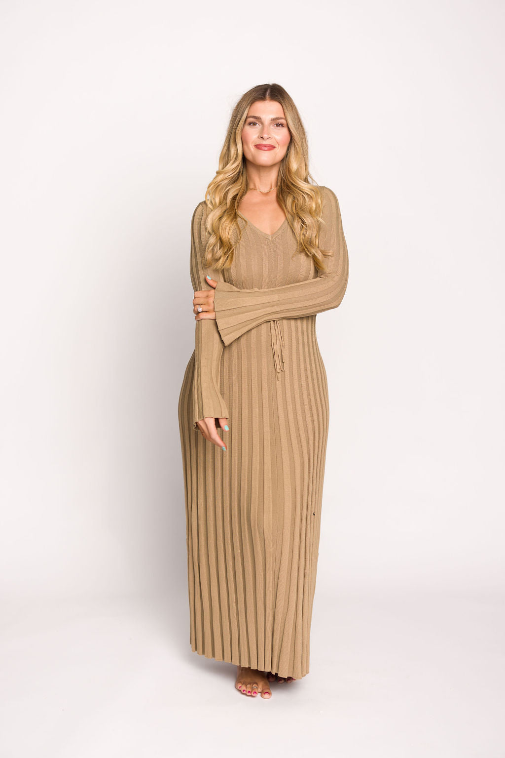 Hadley Long Sleeve V Neck Knit Maxi Dress for Women - Elegant Espresso Brown Fall/Winter Midi Dress with Side Slits | Perfect for Office, Date Night & Holiday Parties