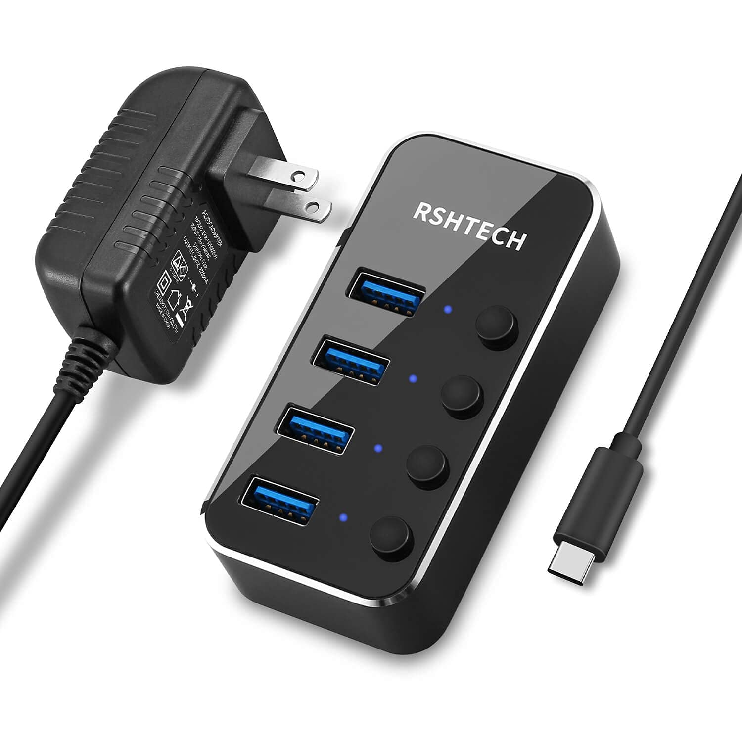 4-Port USB C Hub with On/Off Switches - Fast Charging for Laptop & Mobile
