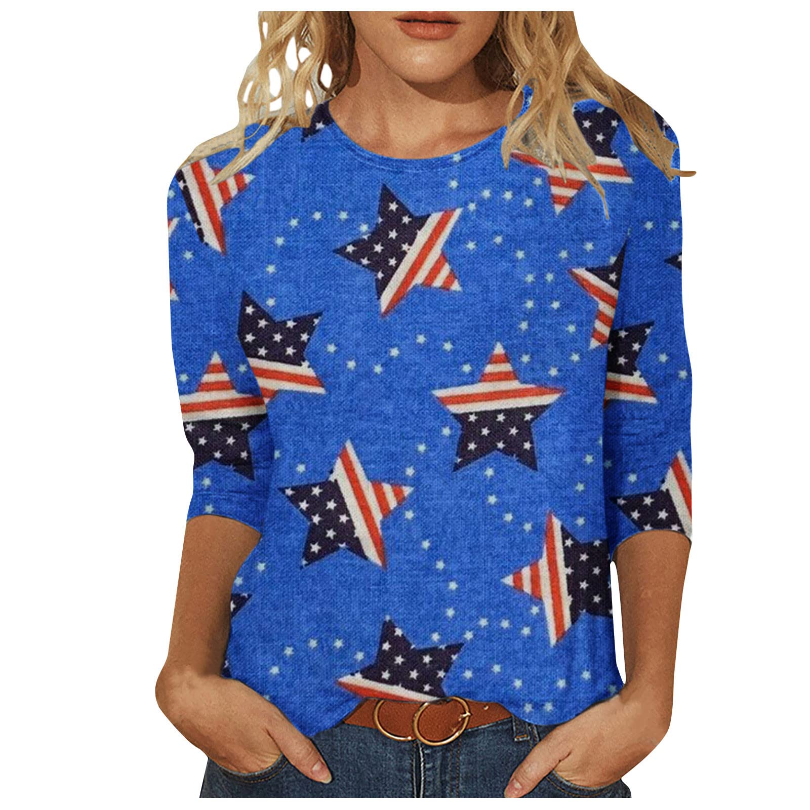 **Wodceeke Women's 3/4 Sleeve American Flag Graphic Tee - Patriotic 4th of July T-Shirt for Summer 2024 | Casual Wear, Independence Day Celebration, Festive Outfit**