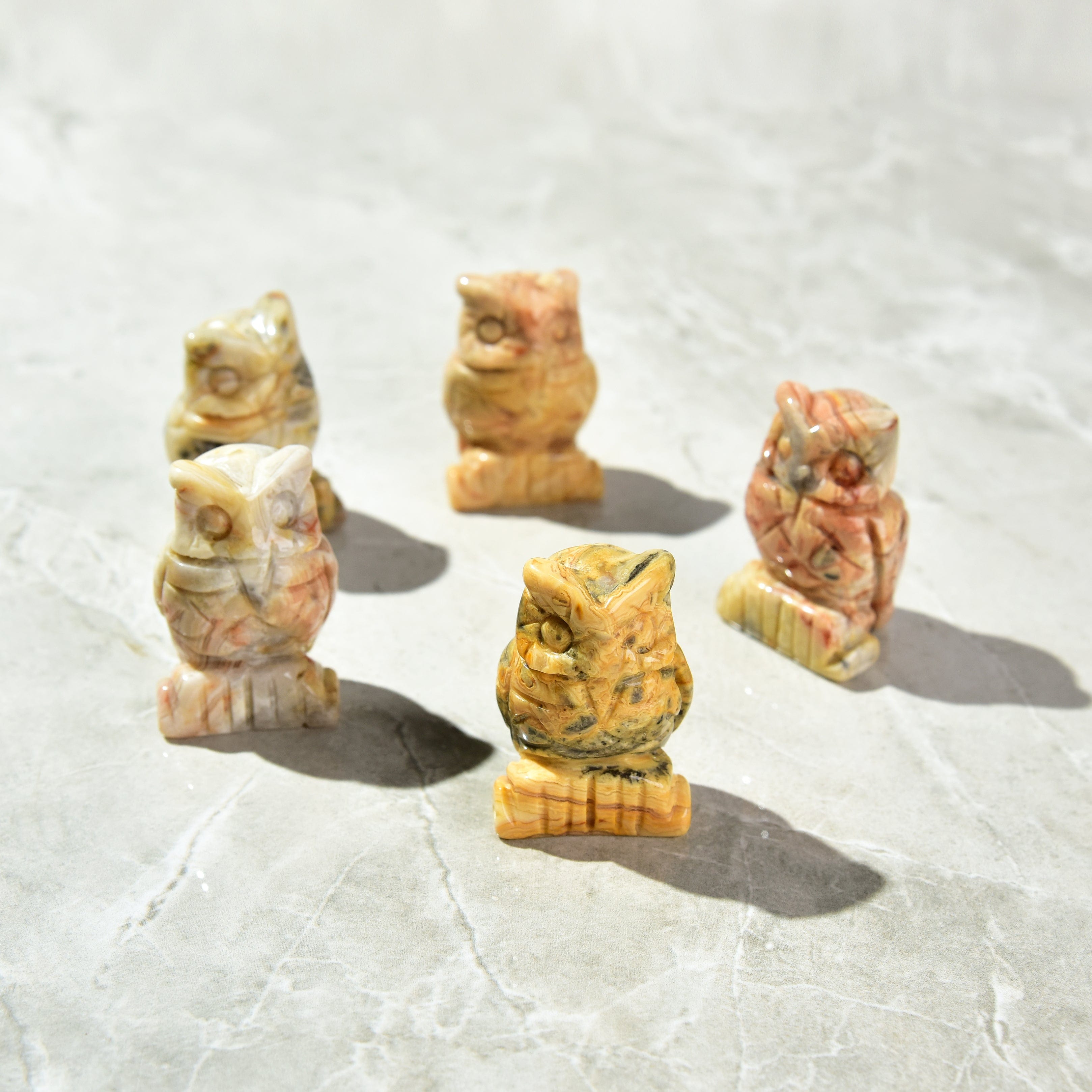 2 Crazy Lace Agate Owl Natural Gemstone Carvings - Handcrafted Healing Stone Decor for Home, Office & Meditation (Set of 2)