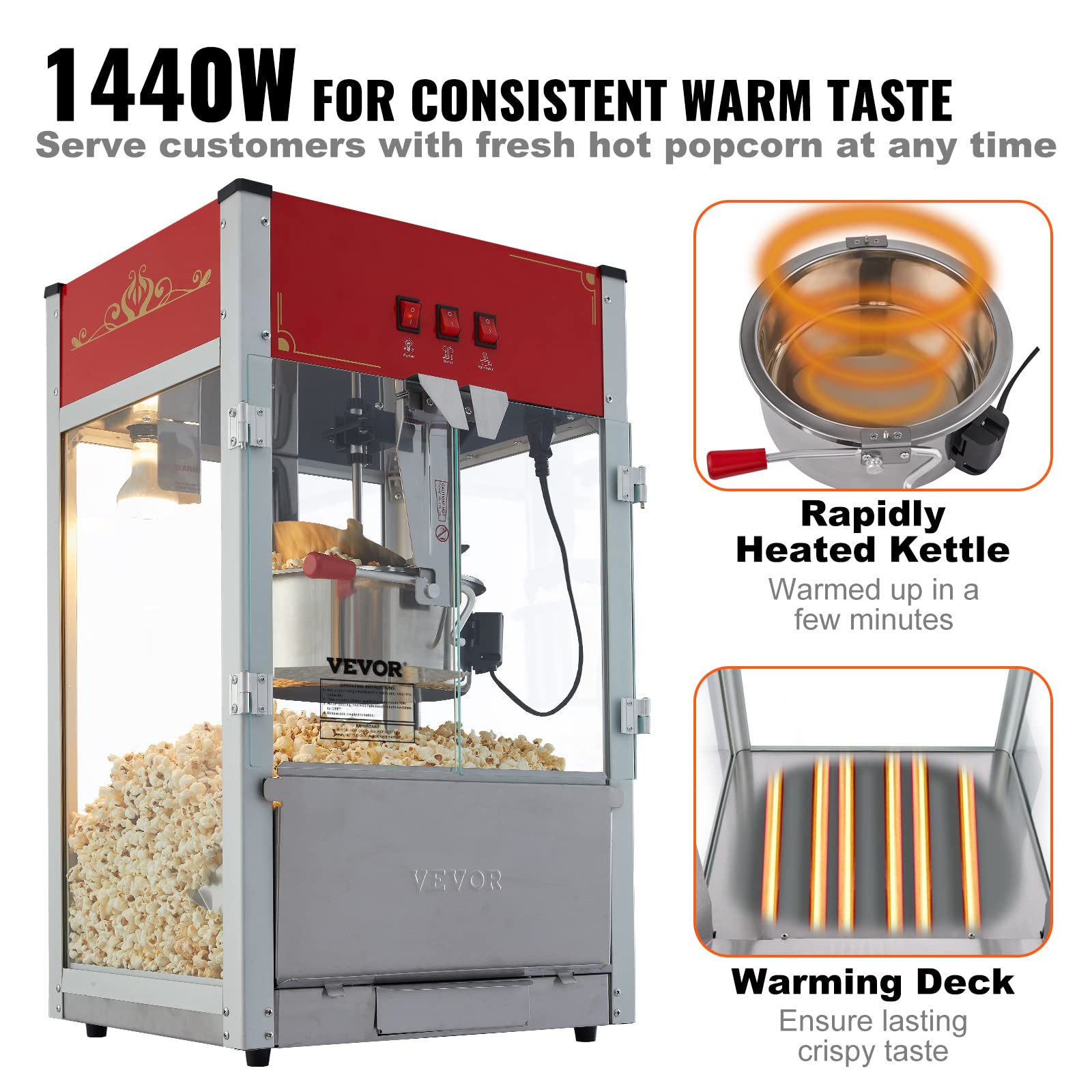 VEVOR 12 Oz Commercial Popcorn Machine - 1440W Theater Style Popper with 3-Switch Control, Steel Frame & Tempered Glass - Makes 80 Cups per Batch (Includes Scoop & 2 Spoons, Red) - Perfect for Movie Theaters, Carnivals, and Home Entertainment