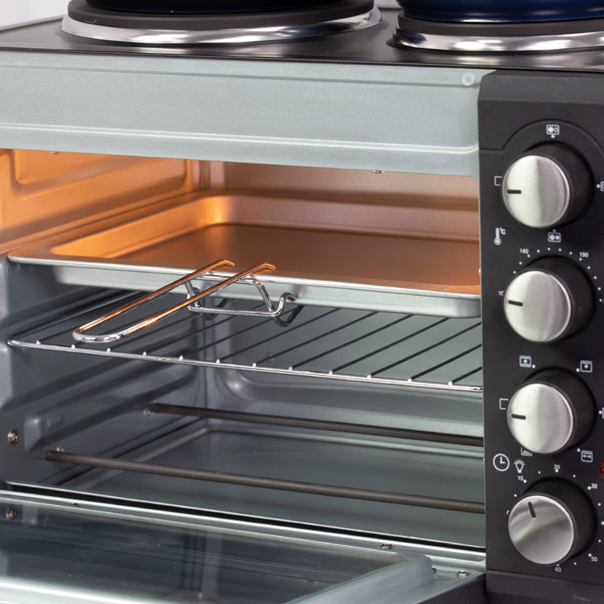 Quest 35379 26L Twin Hob Countertop Rotisserie and Convection Mini Oven - Adjustable Temperature, 60-Min Timer, Auto Shut-Off with Bell - Includes Accessories - Perfect for Small Kitchens, Dorms, and RV Cooking