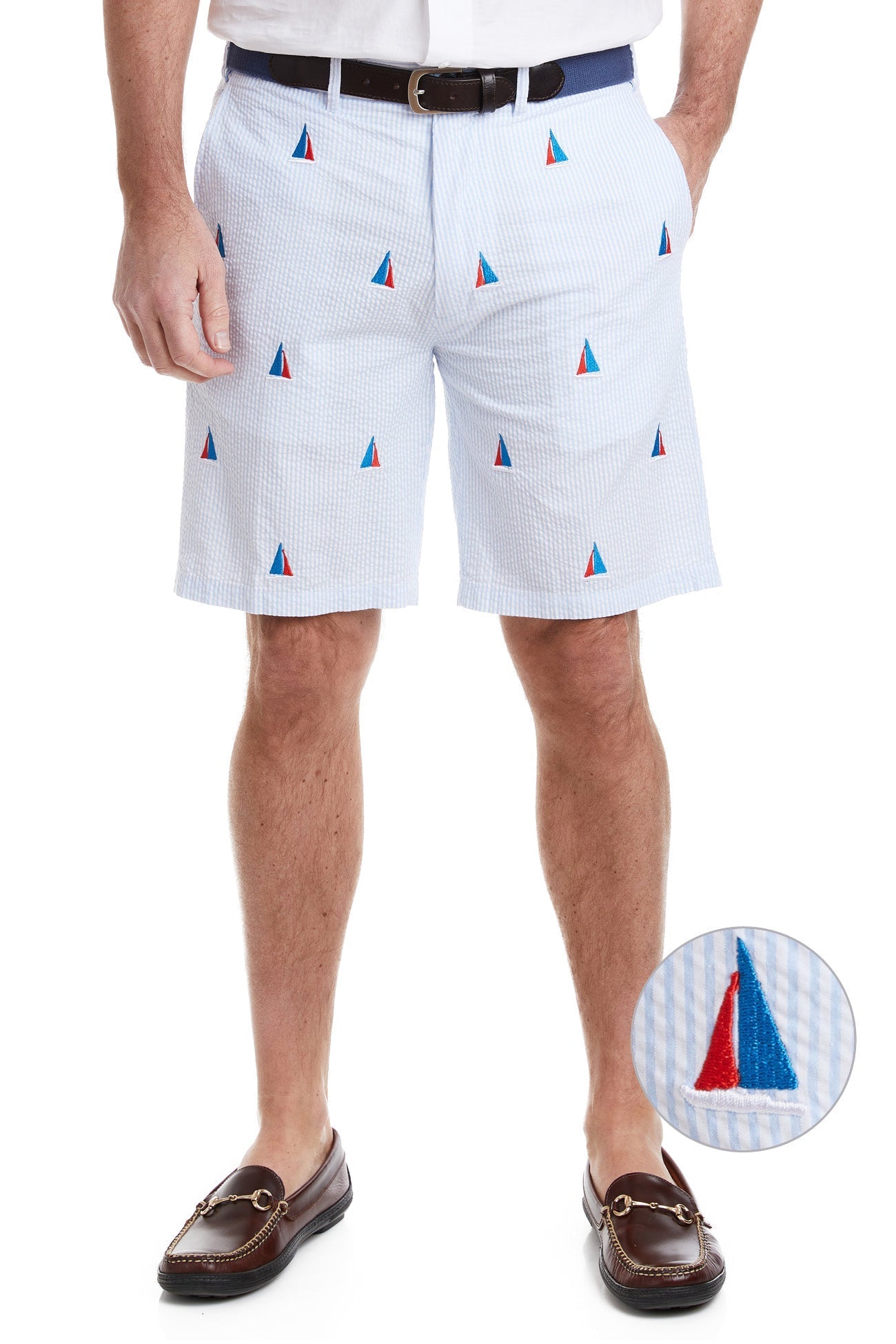Stylish Cisco Short Blue Seersucker Shirt with Sailboat Americana Print - Perfect for Summer Outings, Beach Vacations & Casual Wear