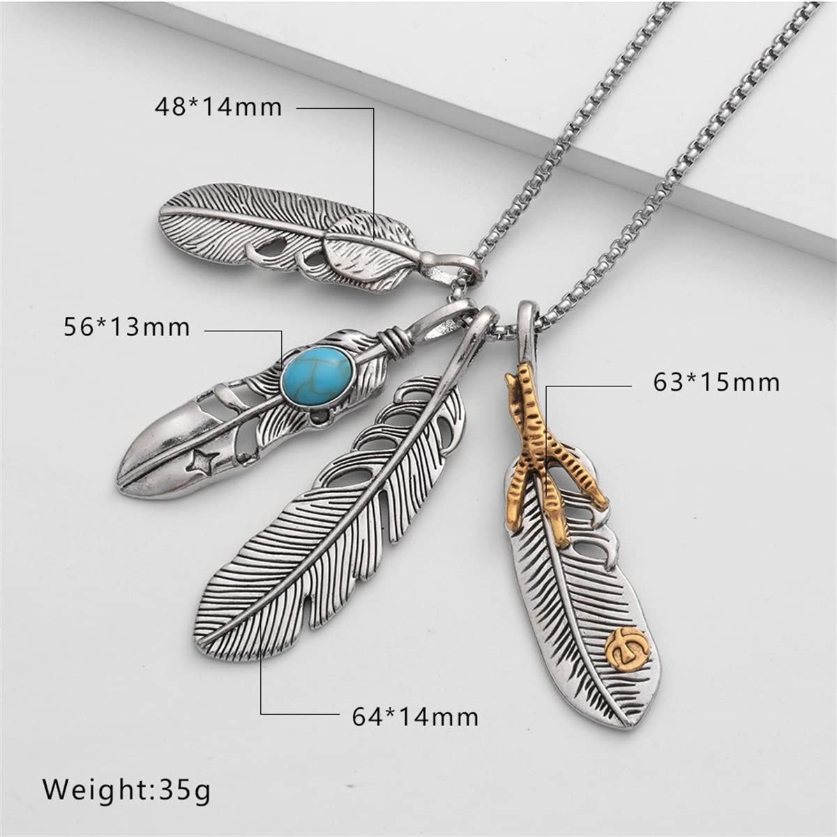 4 Pendant Feather Necklace for Men & Women - Stainless Steel Inlay Turquoise Necklace - Boho Chic Sweater Chain Jewelry - Perfect for Casual Wear, Parties & Gifts