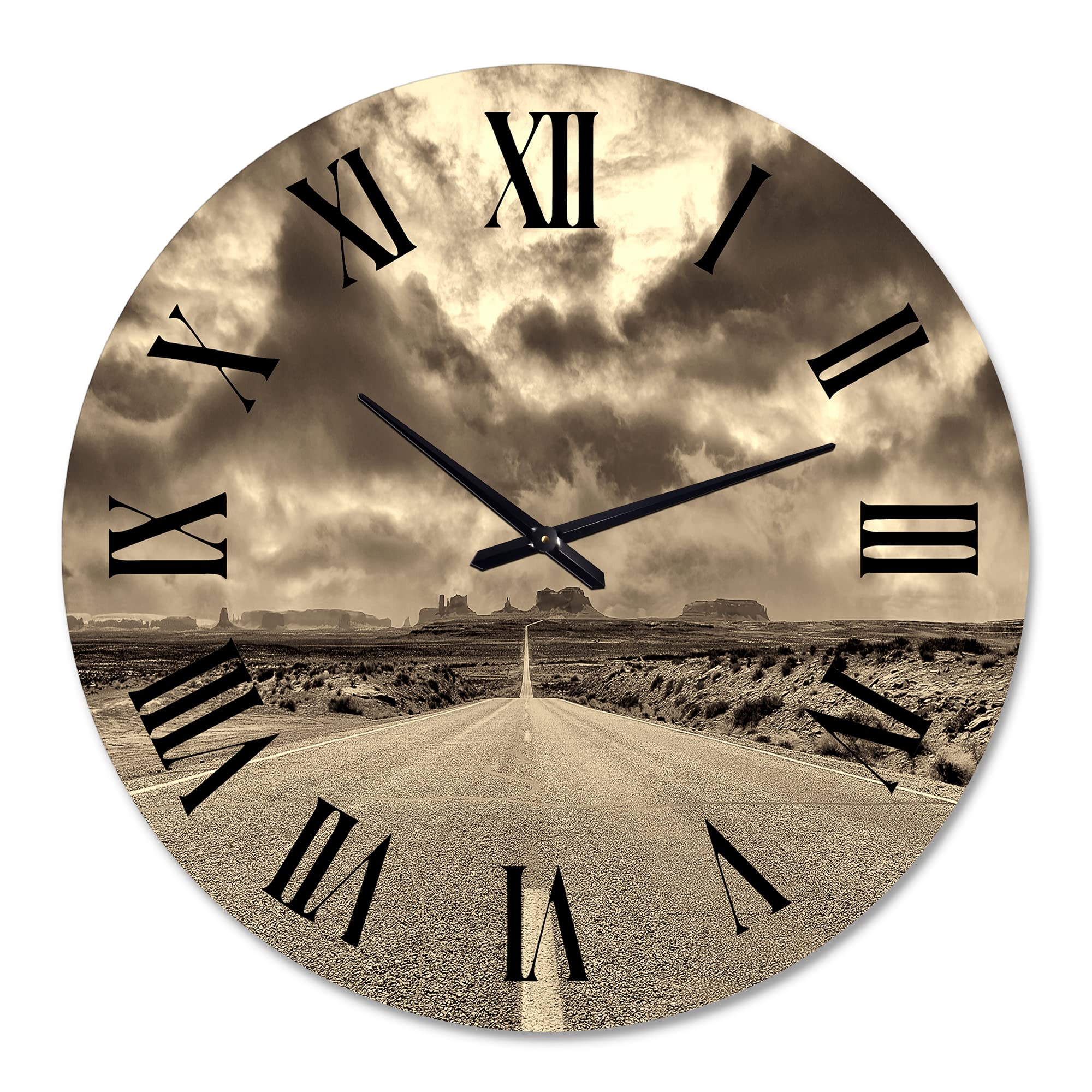 DesignQ Traditional Wall Clock 'The Road to Monument Valley' - Large Landscape & Nature Wall Clock for Living Room, Bedroom, Office Decor - Perfect for Home, Office, and Gift Giving