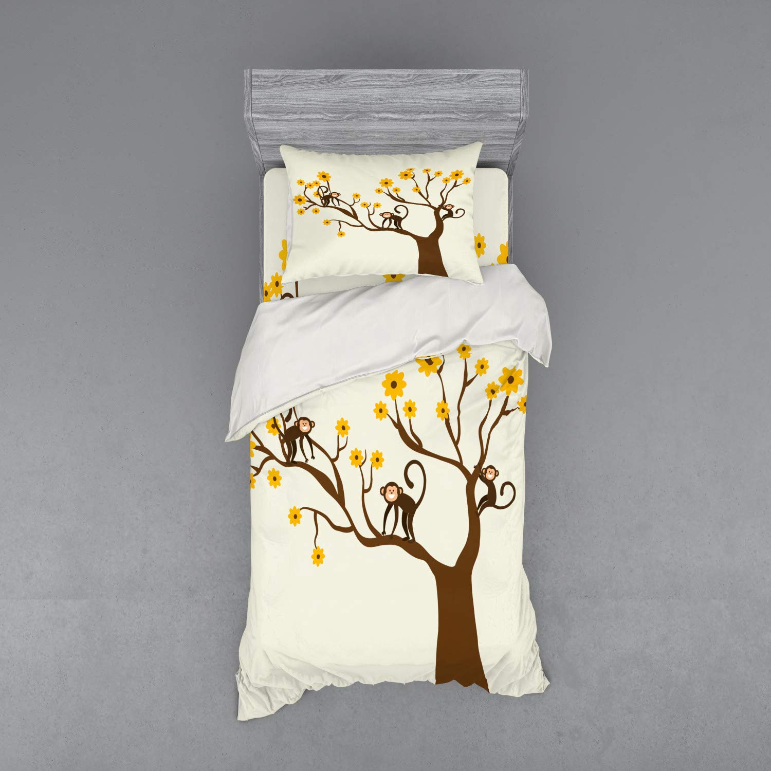 Ambesonne Funny Monkey Bedding Set - 3 Piece Duvet Cover with Sham & Fitted Sheet, Twin XL Size, Brown & Yellow Chimpanzee Design - Perfect for Kids' Rooms, Jungle Themed Decor & Animal Lovers