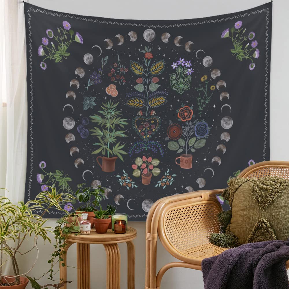 Jhdstore Aesthetic Bohemian Wall Tapestry - Botanical Plant & Moon Phase Design, 59x51 Inch Floral Wall Hanging for Bedroom Decor | Perfect for Boho Home, Dorm Room & Meditation Space