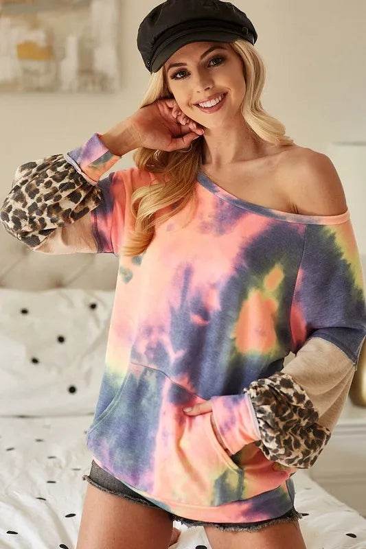 BiBi Tie Dye French Terry Sweatshirt with Contrast Stitching | Women's Casual Pullover Hoodie | Perfect for Yoga, Lounge & Streetwear Fashion