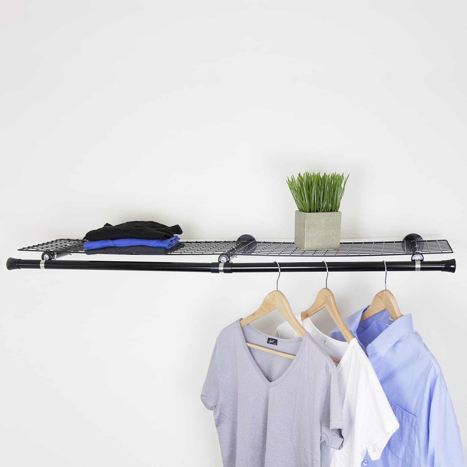 Double Shelf with Hanger Black - Space Saving Closet Organizer for Bedroom, Bathroom & Entryway Storage