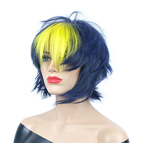 Onemily Short Straight Layered Heat Resistant Synthetic Wig for Cosplay & Costume Parties - Blue & Yellow | Perfect for Halloween, Cosplay Events & Themed Parties