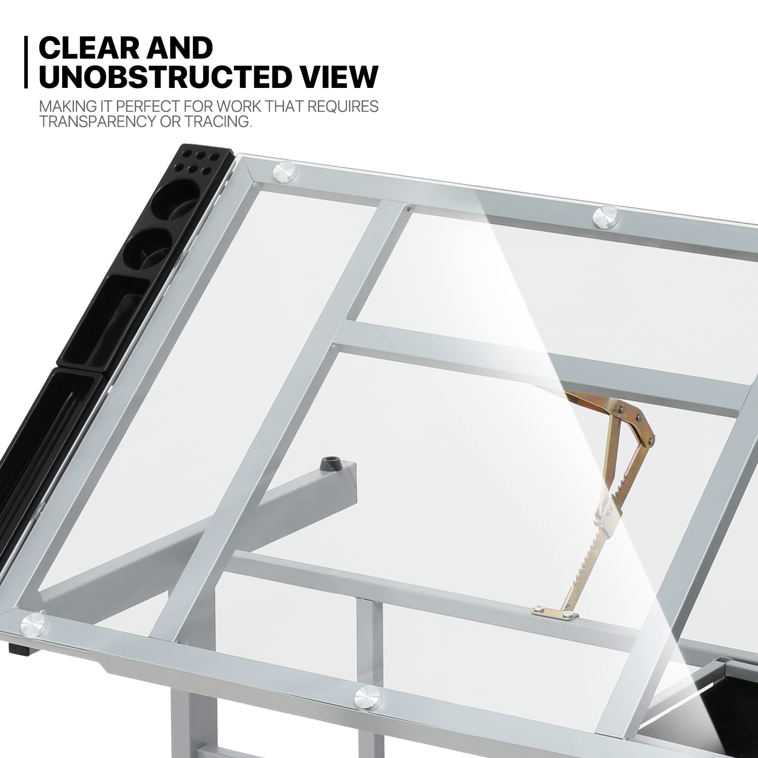 MoNiBloom Adjustable Drafting Table with Wheels, Storage & Side Tray - 0-65° Angle Glass Art Desk with Replaceable Feet for Artists, Architects & Designers - Perfect for Studio, Office & Home Workspace