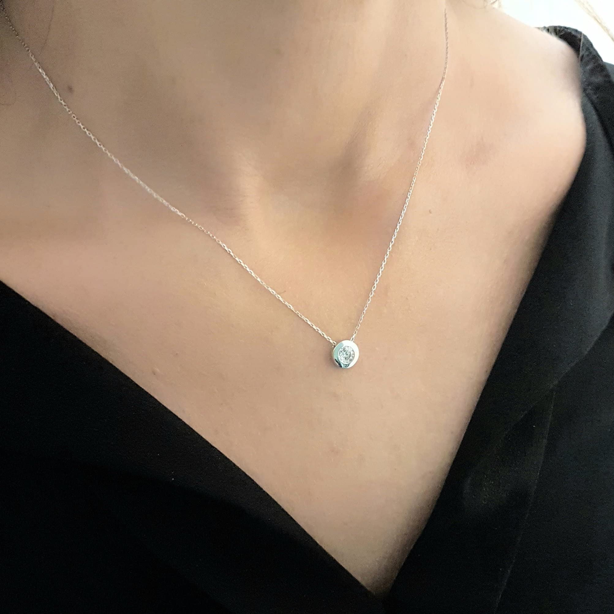 14K Solid Gold Solitaire Necklace for Women - Floating CZ Bezel Round Pendant, Minimalist Dainty Jewelry, Gift for Her - Perfect for Weddings, Anniversaries & Everyday Elegance