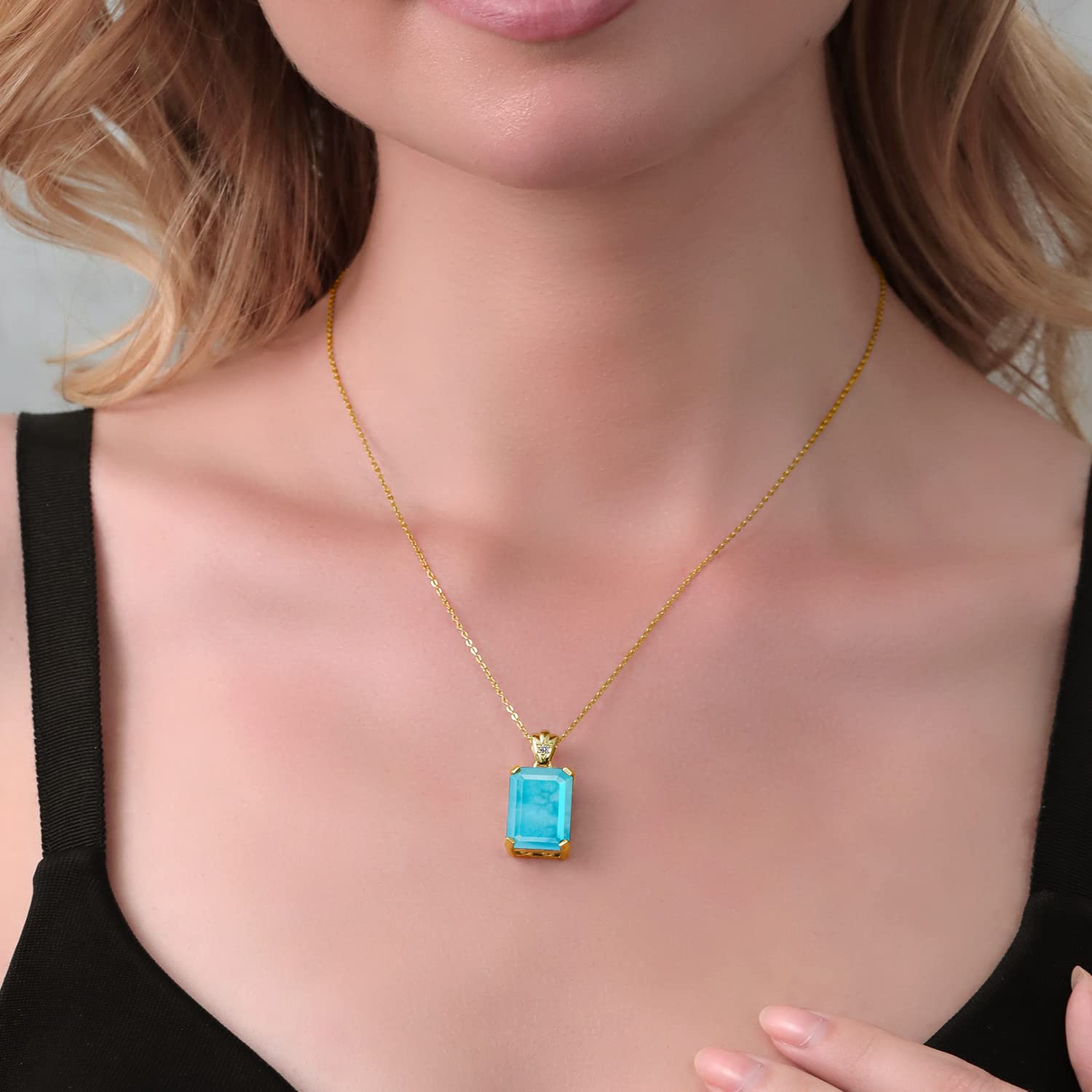 18K Yellow Gold Plated Silver Emerald Cut 18x13mm Birthstone & Diamond Pendant Necklace with 1.8mm Round Accents | Fine Jewelry Gift for Women, Wife, Mom | 18 Inch Chain | Perfect for Birthdays, Anniversaries & Special Occasions